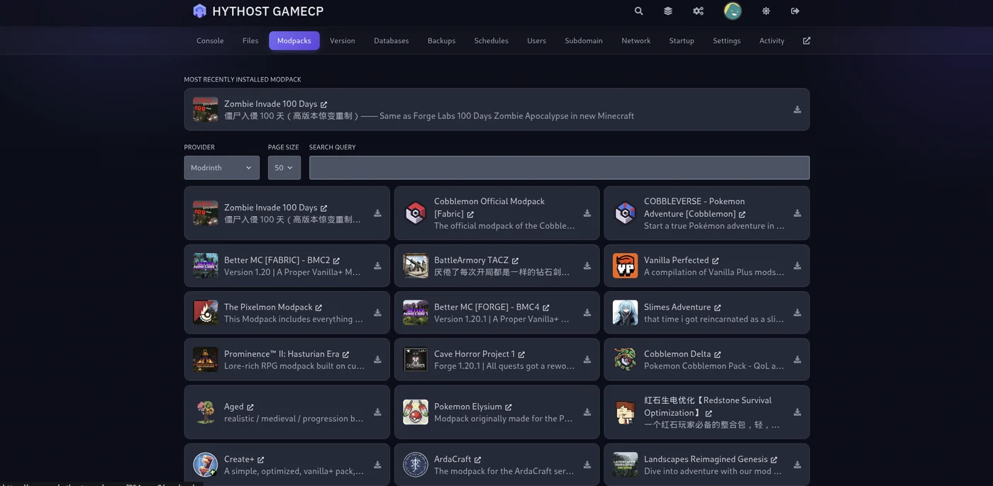GameCP modpack installer searching Modrinth, showing Cobblemon, Better MC, Pixelmon, Prominence II and other packs with one-click install